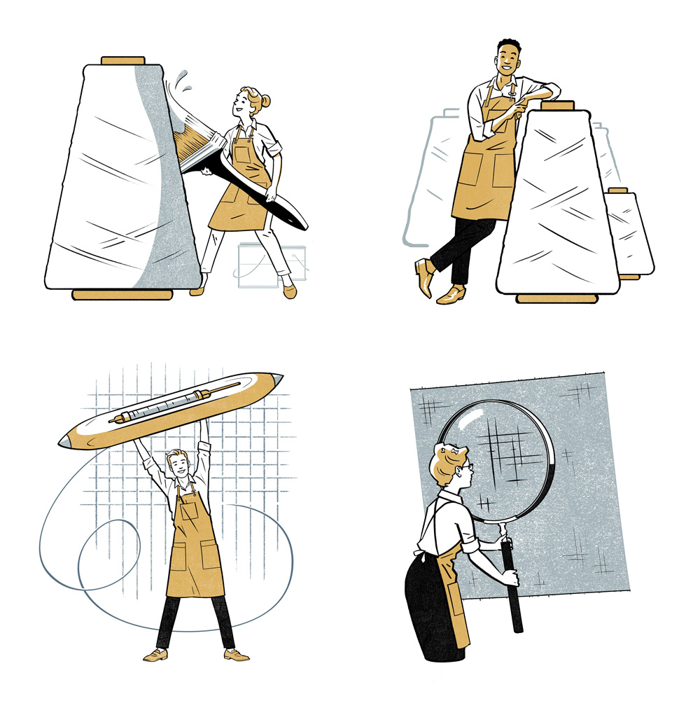 four conceptual editorial illustrations by Jori 
        Bolton. Clockwise from top left, a woman in a craftsperson's apron holding a giant paintbrush and painting a cotton
        spool; a man in a craftsperson's apron leaning on a giant cotton spool with other spools in the backround; a man in
        a craftsperson's apron holding a giant weaving shuttle up over his head on a simplified background of a loom; and a
        in a craftsperson's apron holding up a giant magnifying glass to a square of denim. Artwork is black and white line 
        art with two colours: a golden brown hue and a light and desaturated navy blue.