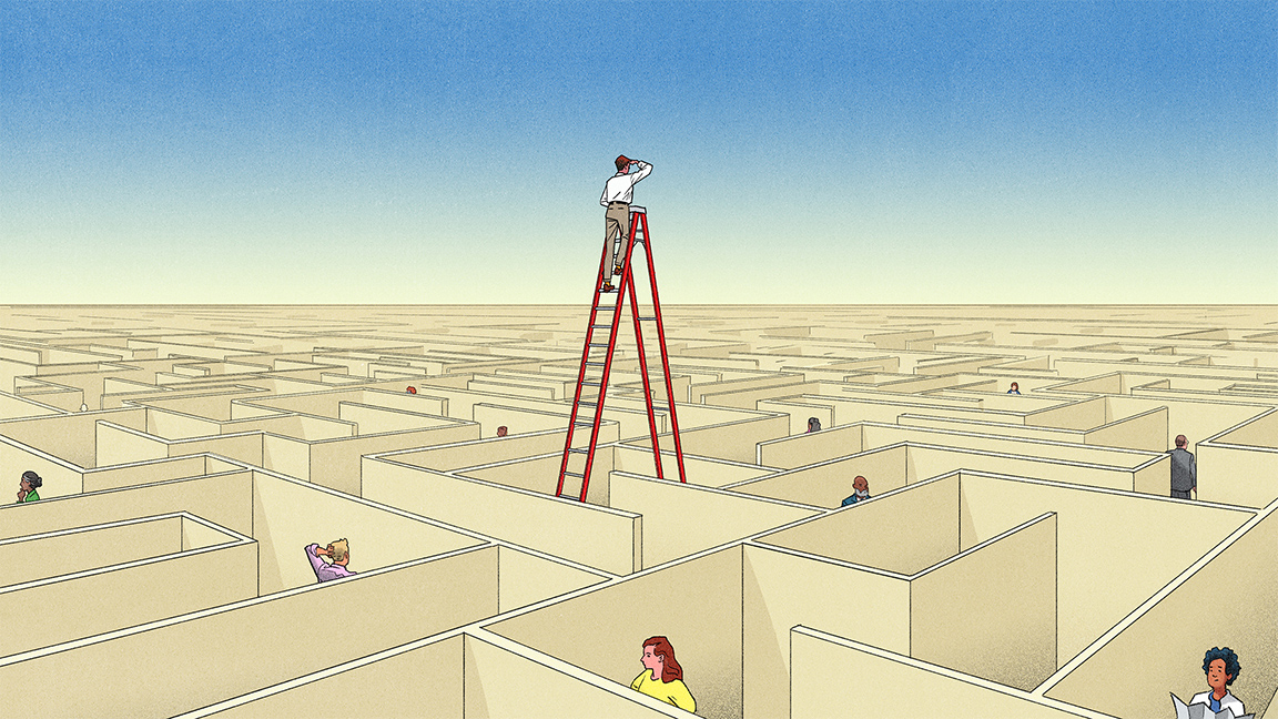 Conceptual editorial illustration of a man standing on a tall step ladder in the middle of a maze, looking out to the horizon. Illustration by Jori Bolton for Harvard Business Review.