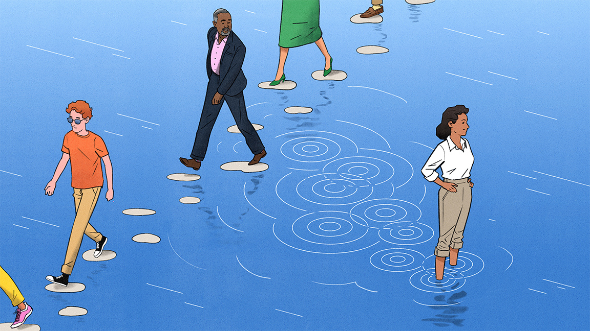 Conceptual editorial illustration of a stream dotted by walking stones. People walk across the stones, while one man looks out at a woman who has strayed from the path, and looks down/up river. Illustration by Jori Bolton for Harvard Business Review.