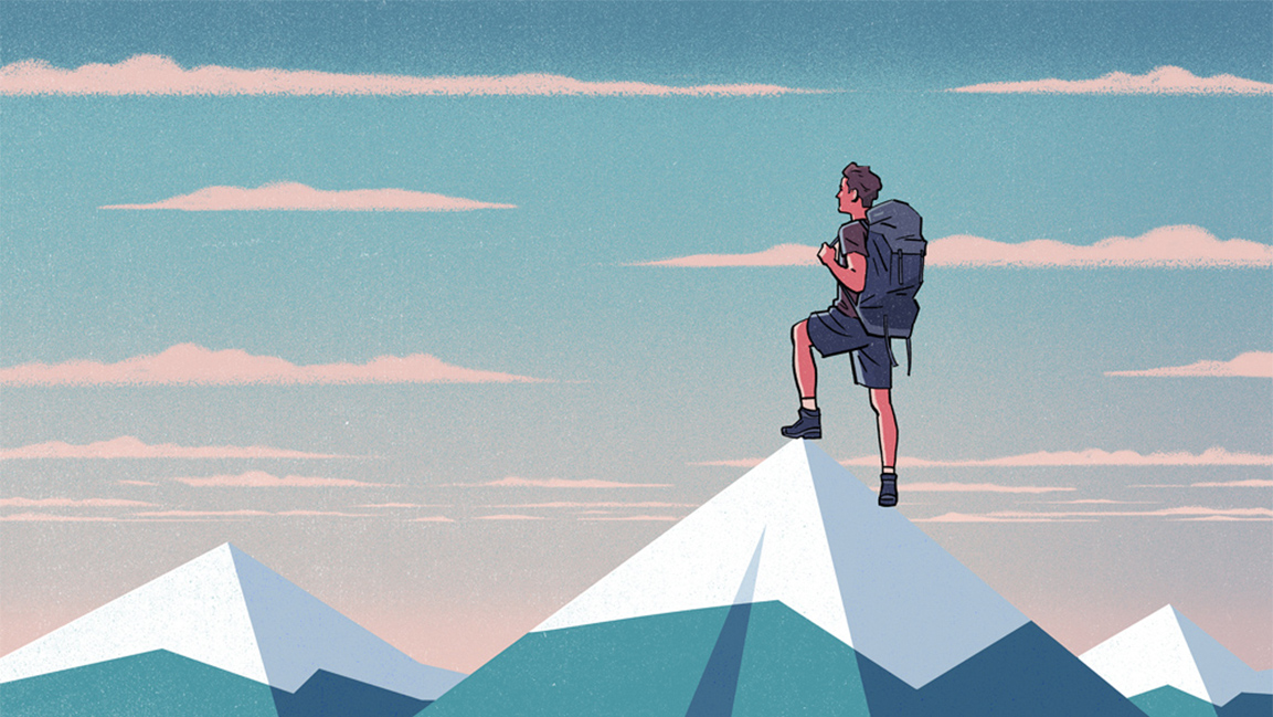 Editorial illustration of a man on a snowy mountain peak. Illustration by Jori Bolton for the Mr Porter Journal.