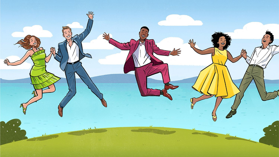 Editorial illustration of two couples and a lone man in wedding guest attire, excitedly leaping into the air. Illustration by Jori Bolton for the Mr Porter Journal.