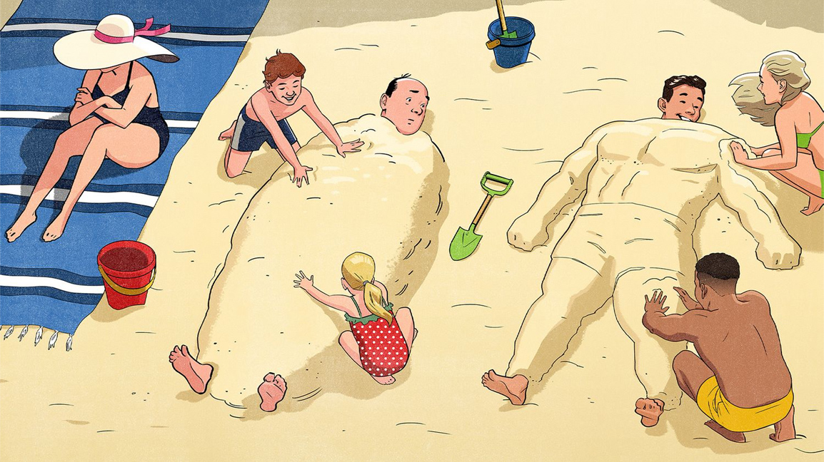 Editorial illustration of people playing at a beach. A man is being buried up to his neck by his children in an amorphous pile of sand while a younger man is being buried in a pile of sand by other young people, and the sand is shaped like a muscular body. Illustration by Jori Bolton for the Mr Porter Journal.