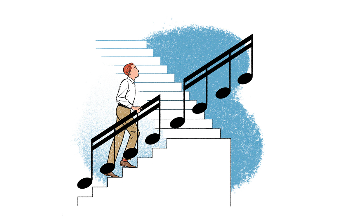 Conceptual editorial illustration of a man walking up stairs that turn sharply to the left. The railing, continues straight up without stairs, and is shaped like musical 16th notes. Illustration by Jori Bolton for Harvard Business Review.