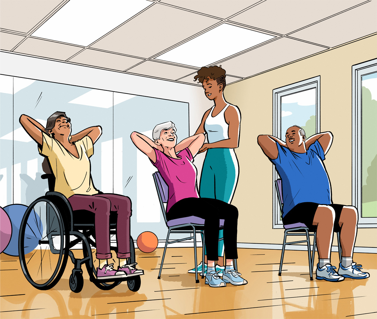 Illustration of three senior men and women in a seated pilates class, while a female instructor helps them with form as they lean back with their hands behind their heads. Illustration by Jori Bolton for Renaissance Magazine, Entente Education Canada, and Hambly & Woolley.