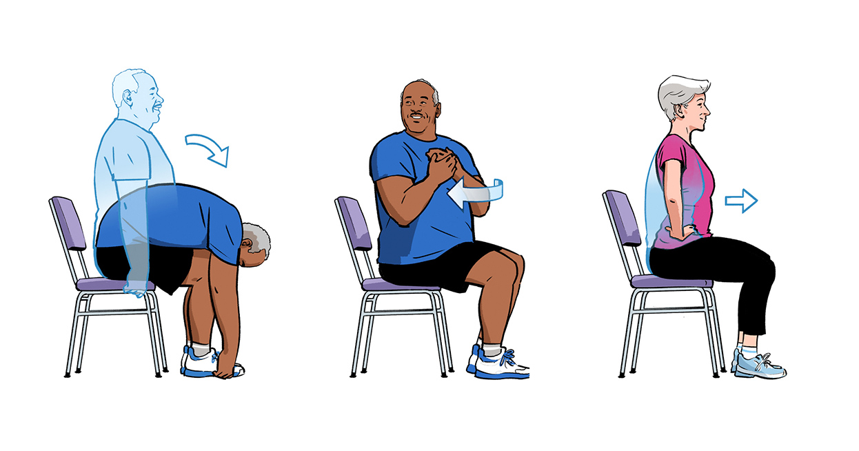 Instructional exercise illustrations of a seated man bending forward to touch his toes, a seated man twisting to the right, and a seated woman moving her diaphragm forward and backward. Illustration by Jori Bolton for Renaissance Magazine, Entente Education Canada, and Hambly & Woolley.