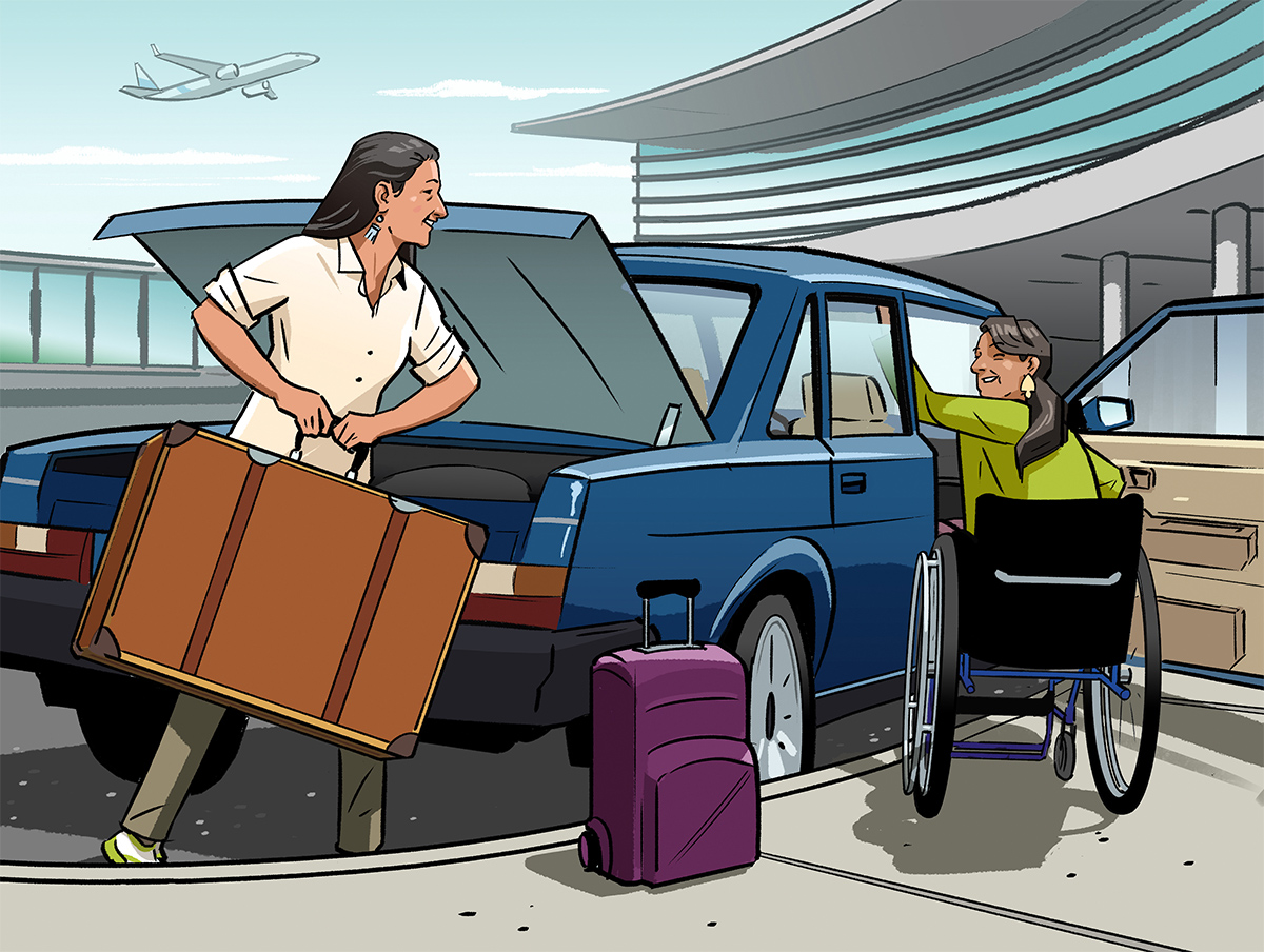 Illustration of a woman hoisting a suitcase by the open trunk of a sedan at an airport drop off, while a woman in a wheelchair gets into the passenger seat. Illustration by Jori Bolton for Renaissance Magazine, Entente Education Canada, and Hambly & Woolley.