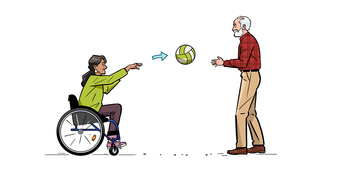 Illustration of a woman in a wheelchair throwing a volleyball to a standing man. Illustration by Jori Bolton for Renaissance Magazine, Entente Education Canada, and Hambly & Woolley.