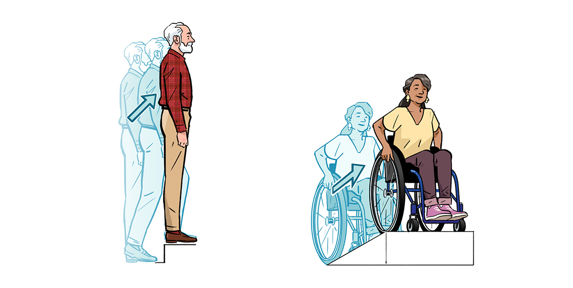 Two instructional exercise illustrations, one of a man stepping up a stair step, and another of a woman in a wheelchair roilling up a slope. Illustration by Jori Bolton for Renaissance Magazine, Entente Education Canada, and Hambly & Woolley.
