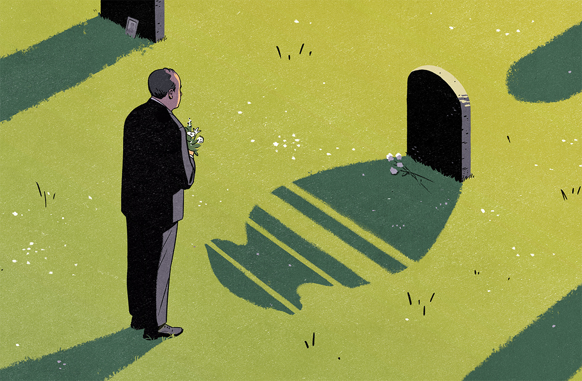 Pivot Conceptual editorial illustration of a man in a cemetery, holding flowers, and looking at a headstone that is casting an urn-shaped shadow. Illustration by Jori Bolton for Harvard Business Review.