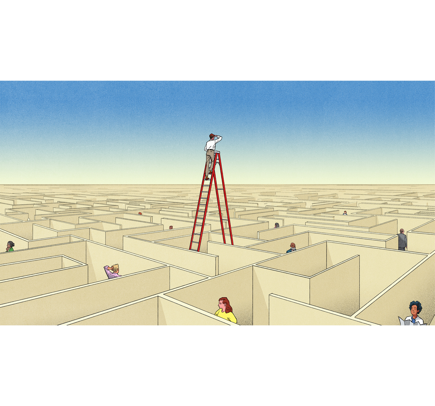 Conceptual editorial illustration of a man standing on a tall step ladder in the middle of a maze, looking out to the horizon. Illustration by Jori Bolton for Harvard Business Review.