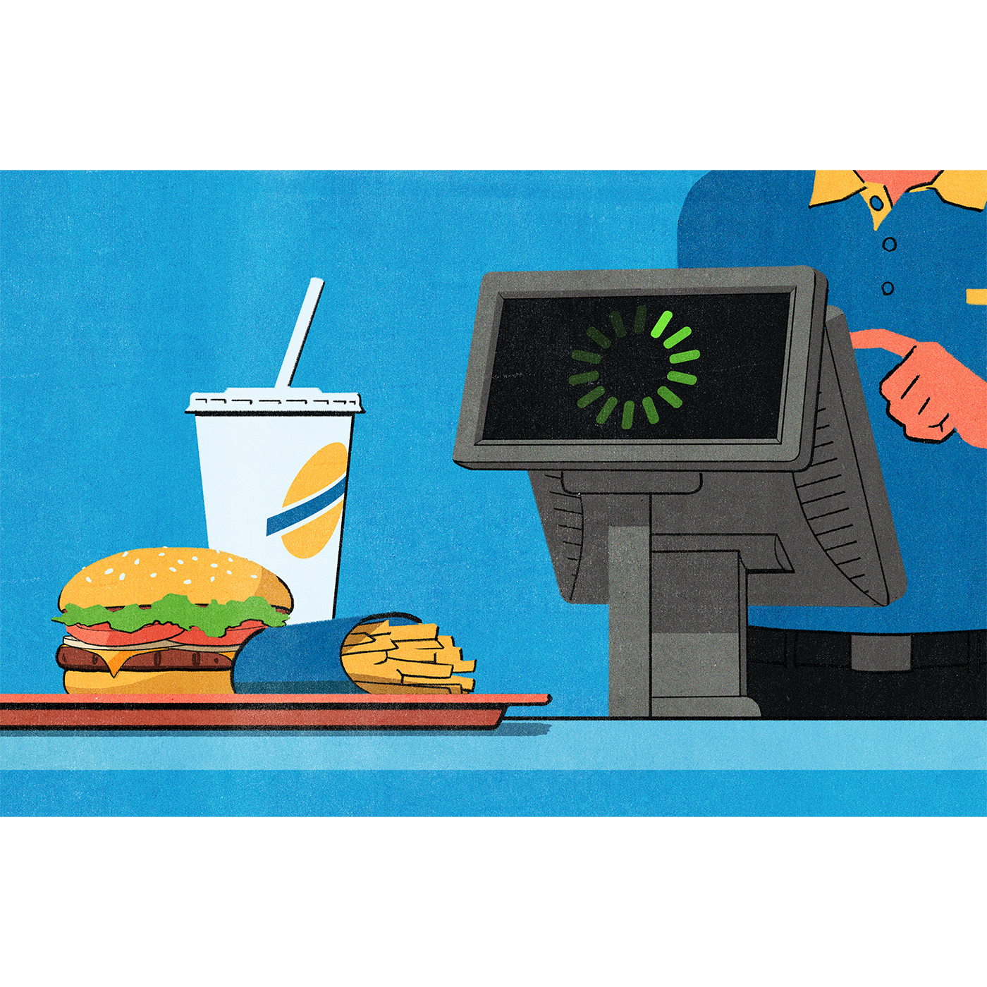 Conceptual editorial illustration of a fast food counter, with a tray on it that is holding a burger, fries, and a drink, and on the cash register display is a loading symbol digital pinwheel. Illustration by Jori Bolton for Harvard Business Review.