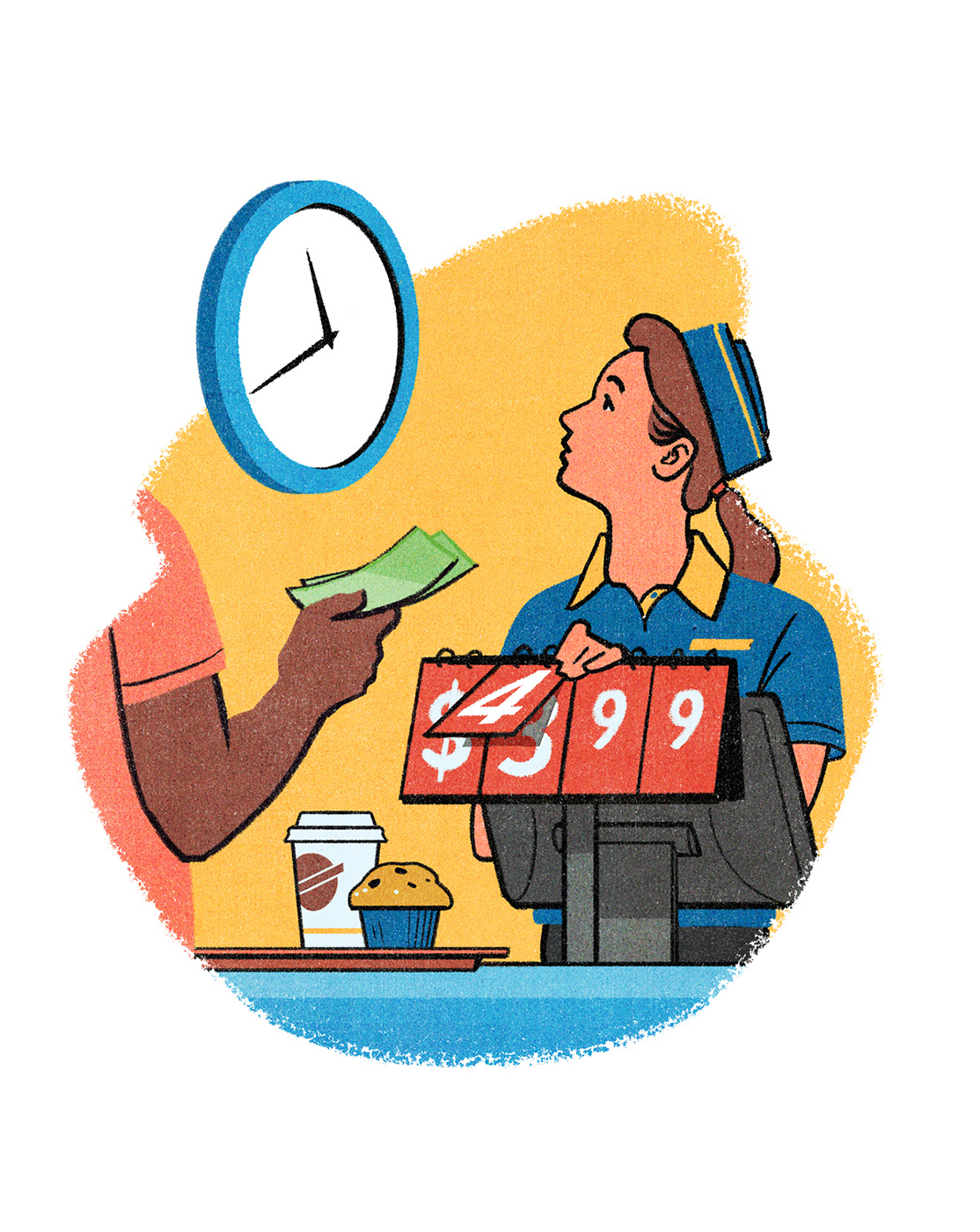 Editorial illustration of a worker at a fast food restaurant, who is looking at a clock and adjusting the price on a flip-card style object. Illustration by Jori Bolton for Harvard Business Review.