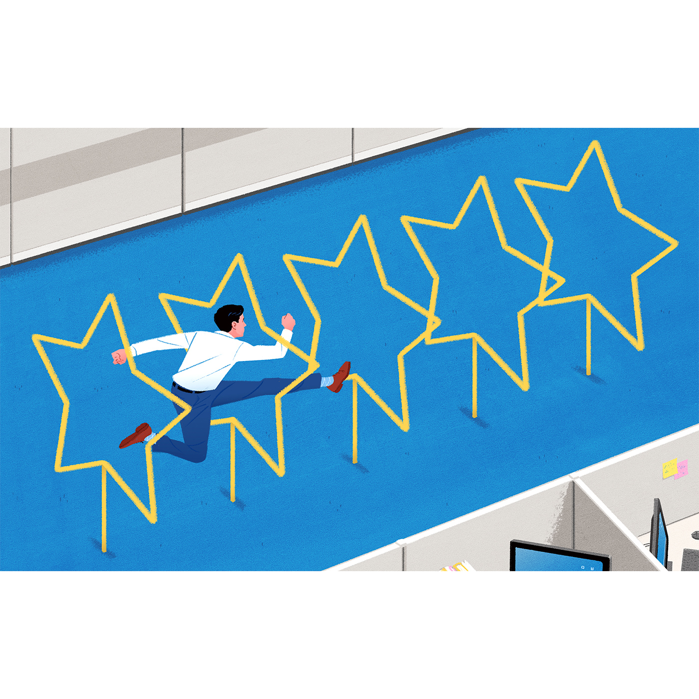 Conceptual editorial illustration of a man in an office, and the man is leaping through one of five star-shaped hoops. Illustration by Jori Bolton for Harvard Business Review.